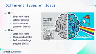 Different types of loads
■ OLTP
● Small work items
● Latency sensitive
● involves narrow
portion of the data
■ OLAP
● Large work items
● Throughput oriented
● Performed on large
amounts of data
 