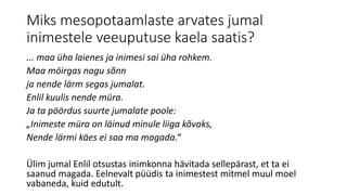 Miks mesopotaamlaste arvates jumal
inimestele veeuputuse kaela saatis?
... maa üha laienes ja inimesi sai üha rohkem.
Maa möirgas nagu sõnn
ja nende lärm segas jumalat.
Enlil kuulis nende müra.
Ja ta pöördus suurte jumalate poole:
„Inimeste müra on läinud minule liiga kõvaks,
Nende lärmi käes ei saa ma magada.“
Ülim jumal Enlil otsustas inimkonna hävitada sellepärast, et ta ei
saanud magada. Eelnevalt püüdis ta inimestest mitmel muul moel
vabaneda, kuid edutult.
 