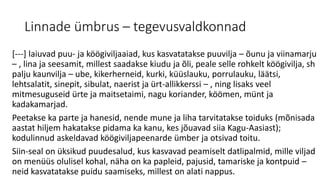 Linnade ümbrus – tegevusvaldkonnad
[---] laiuvad puu- ja köögiviljaaiad, kus kasvatatakse puuvilja – õunu ja viinamarju
– , lina ja seesamit, millest saadakse kiudu ja õli, peale selle rohkelt köögivilja, sh
palju kaunvilja – ube, kikerherneid, kurki, küüslauku, porrulauku, läätsi,
lehtsalatit, sinepit, sibulat, naerist ja ürt-allikkerssi – , ning lisaks veel
mitmesuguseid ürte ja maitsetaimi, nagu koriander, köömen, münt ja
kadakamarjad.
Peetakse ka parte ja hanesid, nende mune ja liha tarvitatakse toiduks (mõnisada
aastat hiljem hakatakse pidama ka kanu, kes jõuavad siia Kagu-Aasiast);
kodulinnud askeldavad köögiviljapeenarde ümber ja otsivad toitu.
Siin-seal on üksikud puudesalud, kus kasvavad peamiselt datlipalmid, mille viljad
on menüüs olulisel kohal, näha on ka papleid, pajusid, tamariske ja kontpuid –
neid kasvatatakse puidu saamiseks, millest on alati nappus.
 