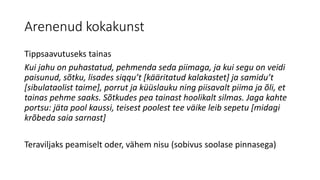 Arenenud kokakunst
Tippsaavutuseks tainas
Kui jahu on puhastatud, pehmenda seda piimaga, ja kui segu on veidi
paisunud, sõtku, lisades siqqu’t [kääritatud kalakastet] ja samidu’t
[sibulataolist taime], porrut ja küüslauku ning piisavalt piima ja õli, et
tainas pehme saaks. Sõtkudes pea tainast hoolikalt silmas. Jaga kahte
portsu: jäta pool kaussi, teisest poolest tee väike leib sepetu [midagi
krõbeda saia sarnast]
Teraviljaks peamiselt oder, vähem nisu (sobivus soolase pinnasega)
 