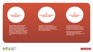 !
!
!
! The design of the space plays an
important role in the behavior of people
positively encouraging collaborative
work, since the spaces can be the tool to
foster creative processes.!
!
!
!
!
! It takes attitude and entrepreneurial
mindset. Such projects, for both
technical and economic sustainability
should be called "entrepreneurial
projects". The project team, even if they
belong to an organization, should have
an entrepreneurial attitude and mindset ,
so the project performance is vital for
them.!
!
!
! It is interesting to design and
establish mechanisms for measuring
data relative to the center in order to
display and collect statistics and data.!
!
! Being a space for experimentation,
these data through a series of
systematic metrics, give reason for the
proposed model.!
4 !
BUSINESS MODEL &
SUSTAINABILITY
5!
ENVIRONMENT. WORKING &
LEARNING SPACE
6 !
EVALUATION.IMPACT
MEASURING
 