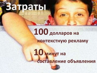 Затраты100 долларов на контекстную рекламу10 минут на составление объявления