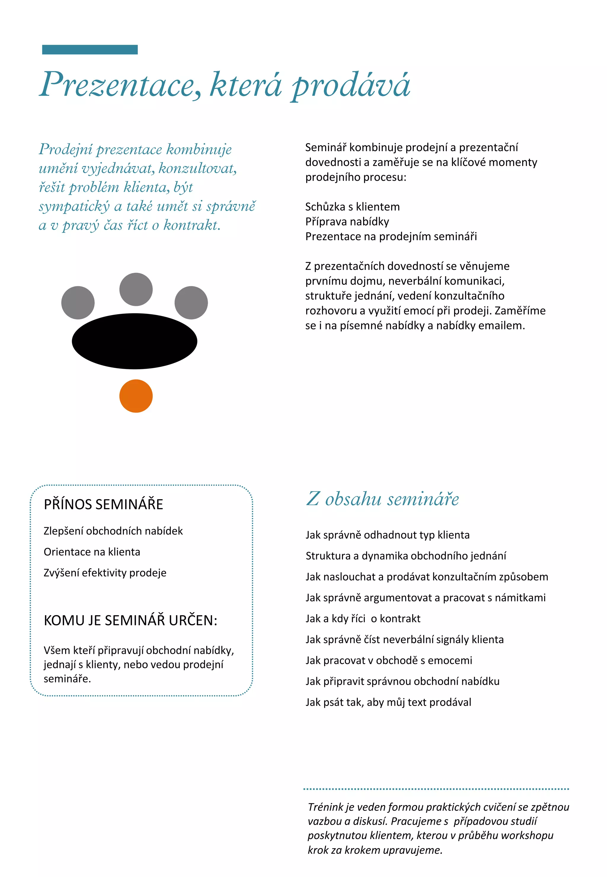 Seminář kombinuje prodejní a prezentační
                                          dovednosti a zaměřuje se na klíčové momenty
                                          prodejního procesu:

                                          Schůzka s klientem
                                          Příprava nabídky
                                          Prezentace na prodejním semináři

                                          Z prezentačních dovedností se věnujeme
                                          prvnímu dojmu, neverbální komunikaci,
                                          struktuře jednání, vedení konzultačního
                                          rozhovoru a využití emocí při prodeji. Zaměříme
                                          se i na písemné nabídky a nabídky emailem.




PŘÍNOS SEMINÁŘE
Zlepšení obchodních nabídek               Jak správně odhadnout typ klienta
Orientace na klienta                      Struktura a dynamika obchodního jednání
Zvýšení efektivity prodeje                Jak naslouchat a prodávat konzultačním způsobem
                                          Jak správně argumentovat a pracovat s námitkami

KOMU JE SEMINÁŘ URČEN:                    Jak a kdy říci o kontrakt
                                          Jak správně číst neverbální signály klienta
Všem kteří připravují obchodní nabídky,
jednají s klienty, nebo vedou prodejní    Jak pracovat v obchodě s emocemi
semináře.                                 Jak připravit správnou obchodní nabídku
                                          Jak psát tak, aby můj text prodával




                                          Trénink je veden formou praktických cvičení se zpětnou
                                          vazbou a diskusí. Pracujeme s případovou studií
                                          poskytnutou klientem, kterou v průběhu workshopu
                                          krok za krokem upravujeme.
 