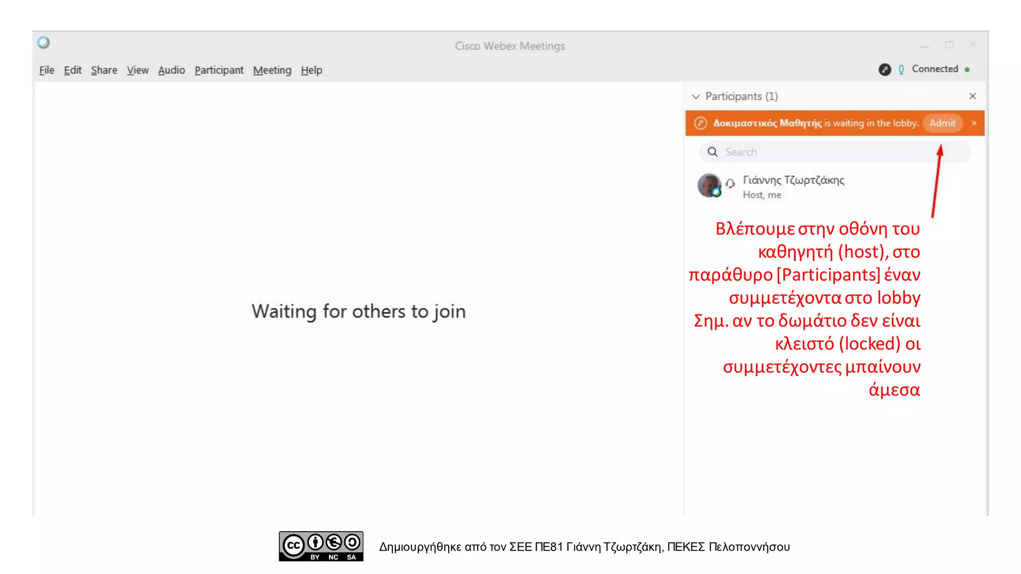 Βλέπουμεστην οθόνη του
καθηγητή (host),στο
παράθυρο[Participants]έναν
συμμετέχονταστο lobby
Σημ.αν το δωμάτιο δεν είναι
κλειστό (locked) οι
συμμετέχοντες μπαίνουν
άμεσα
Δημιουργήθηκε από τον ΣΕΕ ΠΕ81 Γιάννη Τζωρτζάκη, ΠΕΚΕΣ Πελοποννήσου
 