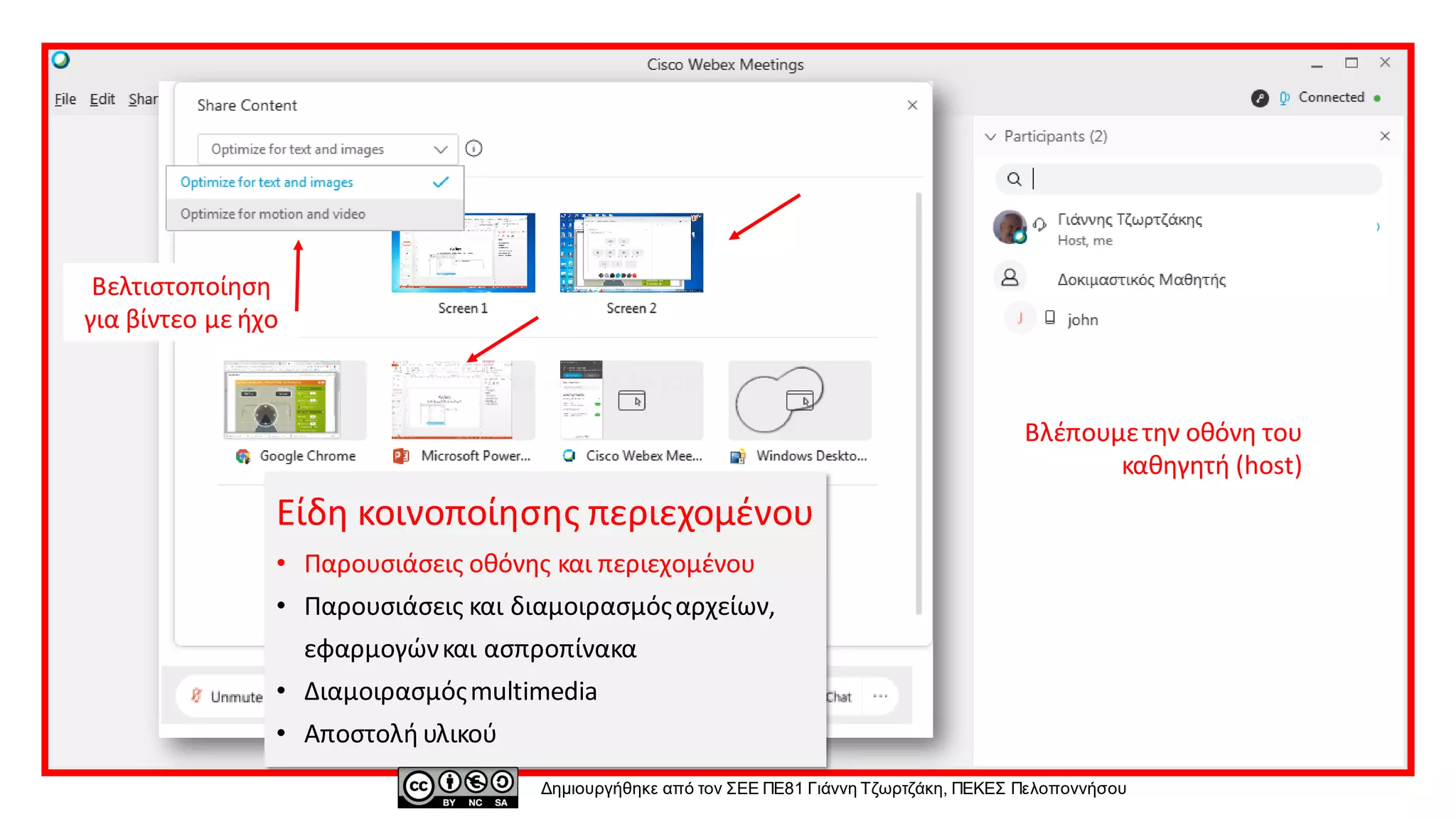 Βλέπουμετην οθόνη του
καθηγητή (host)
Βελτιστοποίηση
για βίντεο με ήχο
Δημιουργήθηκε από τον ΣΕΕ ΠΕ81 Γιάννη Τζωρτζάκη, ΠΕΚΕΣ Πελοποννήσου
Είδη κοινοποίησης περιεχομένου
• Παρουσιάσεις οθόνης και περιεχομένου
• Παρουσιάσεις και διαμοιρασμόςαρχείων,
εφαρμογώνκαι ασπροπίνακα
• Διαμοιρασμόςmultimedia
• Αποστολή υλικού
 