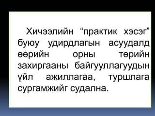 Хичээлийн “практик хэсэг”
буюу удирдлагын асуудалд
өөрийн      орны    төрийн
захиргааны байгууллагуудын
үйл ажиллагаа, туршлага
сургамжийг судална.
 