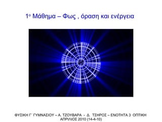 ΦΥΣΙΚΗ Γ΄ ΓΥΜΝΑΣΙΟΥ  –  Α. ΤΖΟΥΒΑΡΑ  -  Δ.  ΤΣΗΡΟΣ – ΕΝΟΤΗΤΑ 3  ΟΠΤΙΚΗ  ΑΠΡΙΛΙΟΣ 2010 (14-4-10) 1 ο  Μάθημα – Φως , όραση και ενέργεια 