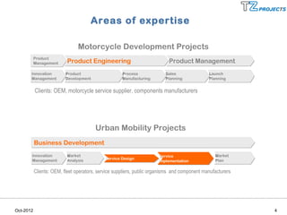 Areas of expertise

                                Motorcycle Development Projects
           Product
           Product
           Management
           Management     Product Engineering                              Product Management
       Innovation
       Innovation         Product
                          Product                    Process
                                                     Process             Sales
                                                                         Sales                Launch
                                                                                              Launch
       Management
       Management         Development
                          Development                Manufacturing
                                                     Manufacturing       Planning
                                                                         Planning             Planning
                                                                                              Planning


           Clients: OEM, motorcycle service supplier, components manufacturers




                                        Urban Mobility Projects
           Business Development
       Innovation
       Innovation         Market
                          Market                                      Service
                                                                      Service                    Market
                                                                                                 Market
       Management         Analysis           Service Design
                                             Service Design                                      Plan
       Management         Analysis                                    Implementation
                                                                      Implementation             Plan

           Clients: OEM, fleet operators, service suppliers, public organisms and component manufacturers




Oct-2012                                                                                                    4
 