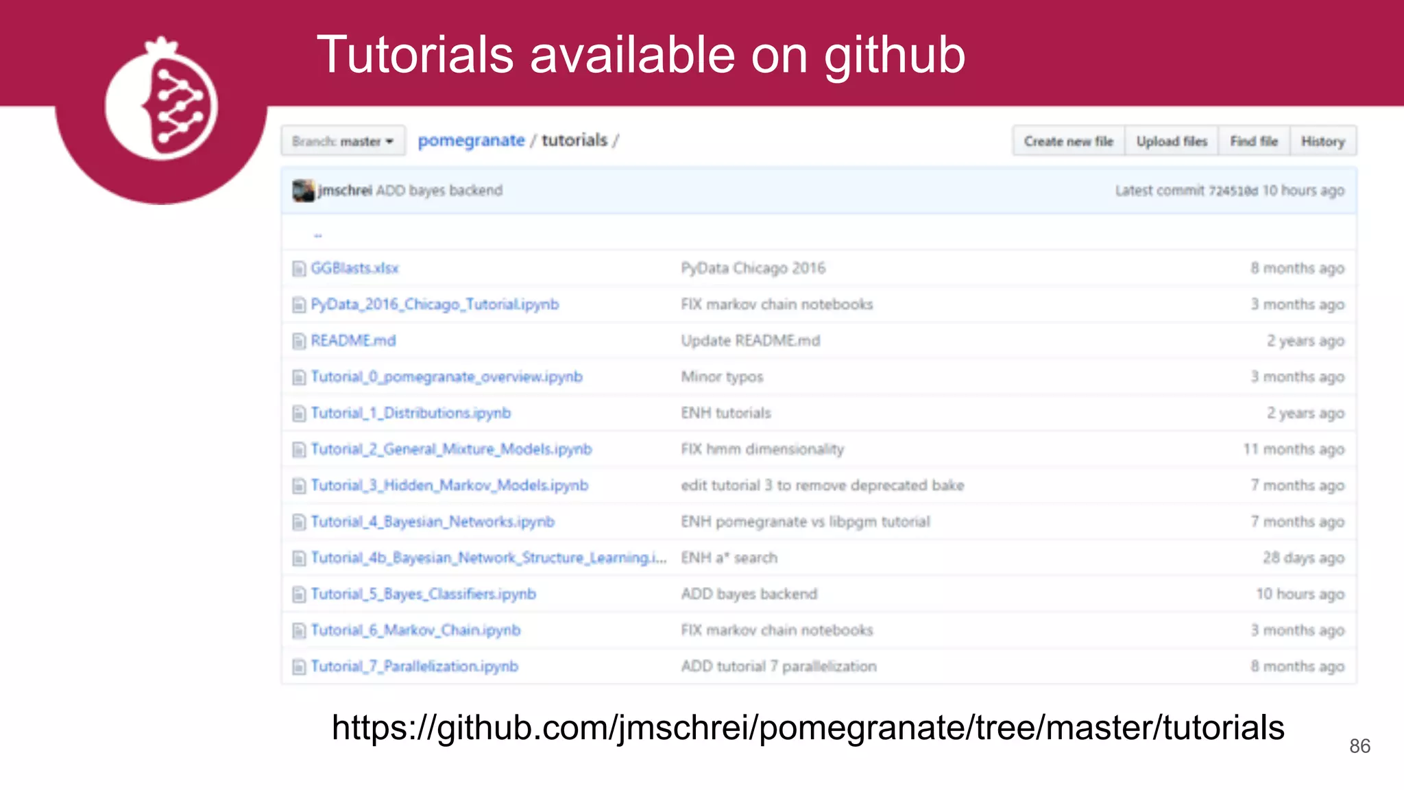 Tutorials available on github
86
https://github.com/jmschrei/pomegranate/tree/master/tutorials
 
