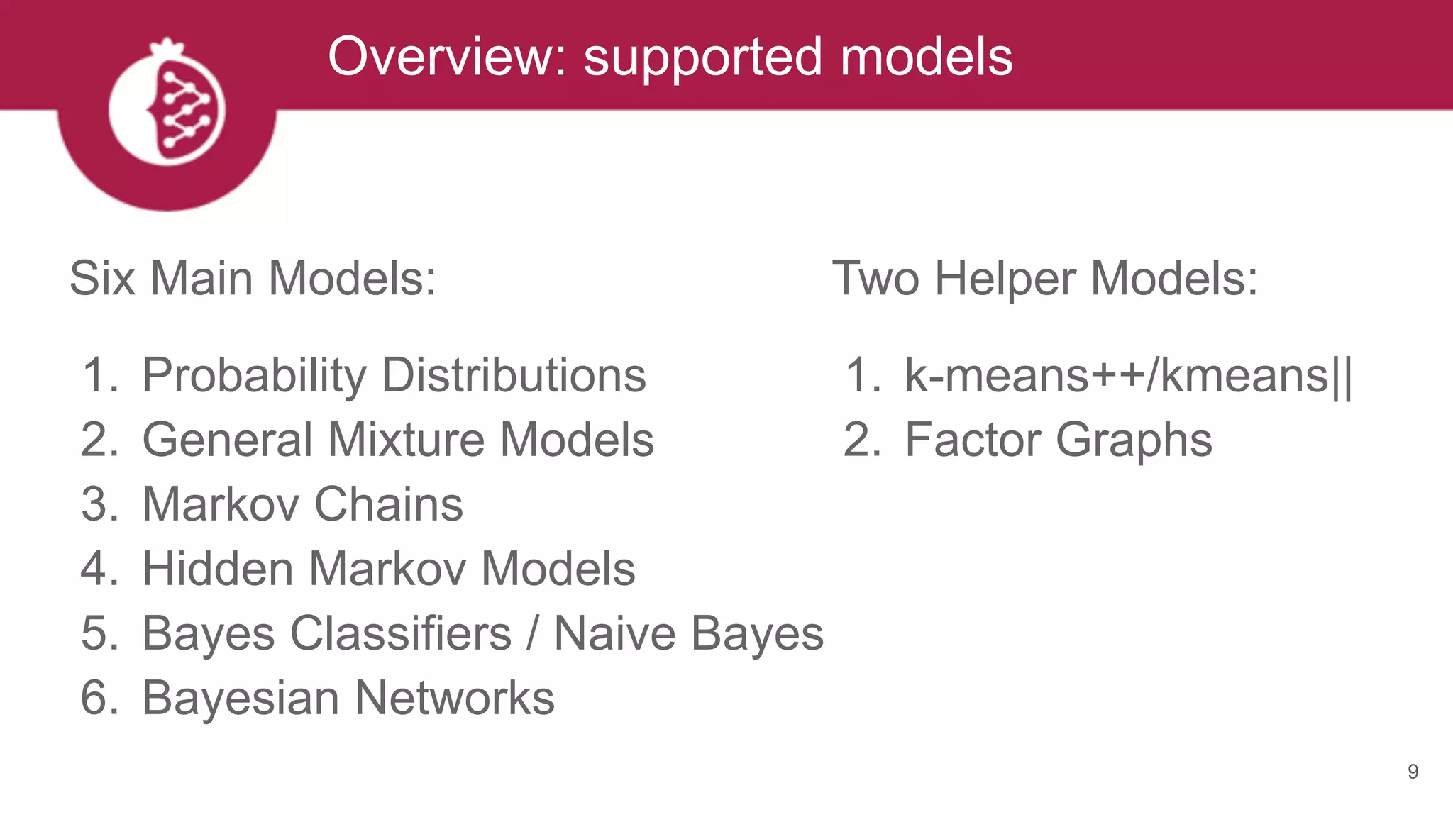Overview: supported models
Six Main Models:
1. Probability Distributions
2. General Mixture Models
3. Markov Chains
4. Hidden Markov Models
5. Bayes Classifiers / Naive Bayes
6. Bayesian Networks
9
Two Helper Models:
1. k-means++/kmeans||
2. Factor Graphs
 