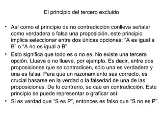El principio del tercero excluido
• Así como el principio de no contradicción conlleva señalar
como verdadera o falsa una proposición, este principio
implica seleccionar entre dos únicas opciones: “A es igual a
B” o “A no es igual a B”.
• Esto significa que todo es o no es. No existe una tercera
opción. Llueve o no llueve, por ejemplo. Es decir, entre dos
proposiciones que se contradicen, sólo una es verdadera y
una es falsa. Para que un razonamiento sea correcto, es
crucial basarse en la verdad o la falsedad de una de las
proposiciones. De lo contrario, se cae en contradicción. Este
principio se puede representar o graficar así:
• Si es verdad que “S es P”, entonces es falso que “S no es P”.
 