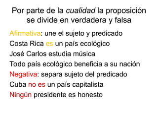Por parte de la cualidad la proposición
se divide en verdadera y falsa
Afirmativa: une el sujeto y predicado
Costa Rica es un país ecológico
José Carlos estudia música
Todo país ecológico beneficia a su nación
Negativa: separa sujeto del predicado
Cuba no es un país capitalista
Ningún presidente es honesto
 