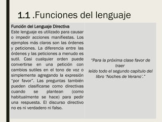 1.1 .Funciones del lenguaje
Función del Lenguaje Directiva
Este lenguaje es utilizado para causar
o impedir acciones manifiestas. Los
ejemplos más claros son las órdenes
y peticiones. La diferencia entre las
órdenes y las peticiones a menudo es
sutil. Casi cualquier orden puede
convertirse en una petición con
cambios sutiles en el tono de voz o
simplemente agregando la expresión
“por favor”. Las preguntas también
pueden clasificarse como directivas
cuando se plantean (como
habitualmente se hace) para pedir
una respuesta. El discurso directivo
no es ni verdadero ni falso.
“Para la próxima clase favor de
traer
leído todo el segundo capitulo del
libro ‘Noches de Verano’.”
 