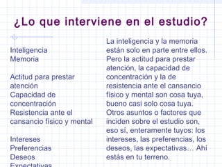 ¿Lo que interviene en el estudio?
Inteligencia
Memoria
Actitud para prestar
atención
Capacidad de
concentración
Resistencia ante el
cansancio físico y mental
Intereses
Preferencias
Deseos
La inteligencia y la memoria
están solo en parte entre ellos.
Pero la actitud para prestar
atención, la capacidad de
concentración y la de
resistencia ante el cansancio
físico y mental son cosa tuya,
bueno casi solo cosa tuya.
Otros asuntos o factores que
inciden sobre el estudio son,
eso sí, enteramente tuyos: los
intereses, las preferencias, los
deseos, las expectativas… Ahí
estás en tu terreno.
 