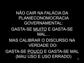 15
NÃO CAIR NA FALÁCIA DANÃO CAIR NA FALÁCIA DA
PLANIECONOMOCRACIAPLANIECONOMOCRACIA
GOVERNAMENTAL:GOVERNAMENTAL:
GASTA-SEGASTA-SE MUITOMUITO E GASTA-SEE GASTA-SE
MAL…MAL…
MAS CALIBRAR O DISCURSO NAMAS CALIBRAR O DISCURSO NA
VERDADE DO:VERDADE DO:
GASTA-SEGASTA-SE POUCOPOUCO E GASTA-SE MALE GASTA-SE MAL
(MAU USO E USO ERRADO)(MAU USO E USO ERRADO)
 