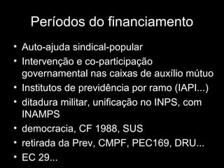 Períodos do financiamento
• Auto-ajuda sindical-popular
• Intervenção e co-participação
governamental nas caixas de auxílio mútuo
• Institutos de previdência por ramo (IAPI...)
• ditadura militar, unificação no INPS, com
INAMPS
• democracia, CF 1988, SUS
• retirada da Prev, CMPF, PEC169, DRU...
• EC 29...
 
