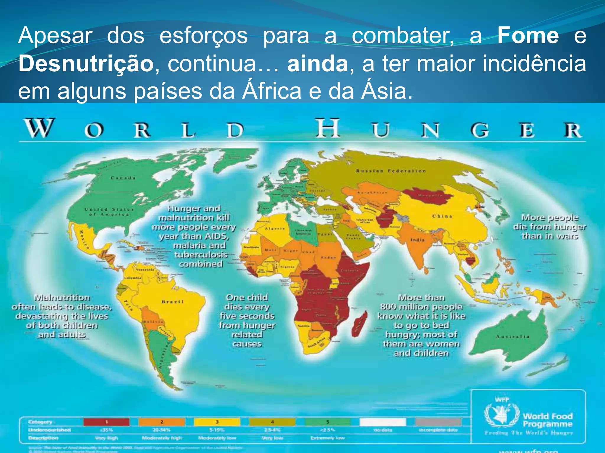 Apesar dos esforços para a combater, a Fome e
Desnutrição, continua… ainda, a ter maior incidência
em alguns países da África e da Ásia.
 