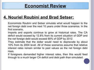 Economists Roubini and Setser simulate what would happen to the
net foreign debt over the next 10 years under three scenarios. In the
first scenario,
Imports and exports continue to grow at historical rates. The CA
deficit would exceed by 12.8% from its current situation of GDP and
the net foreign debt would exceed 80% of GDP by 2012.
They estimate that the dollar would need to depreciate by about
10% from its 2004 level. All of these scenarios assume that relative
interest rates remain similar to past values as the net foreign debt
rises.
If foreigners demanded higher interest rates, then this would feed
through to a much larger CA deficit and debt path than simulated .
4. Nouriel Roubini and Brad Setser:
Economist Review
 