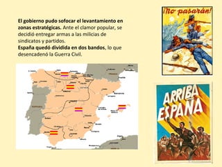 El gobierno pudo sofocar el levantamiento en
zonas estratégicas. Ante el clamor popular, se
decidió entregar armas a las milicias de
sindicatos y partidos.
España quedó dividida en dos bandos, lo que
desencadenó la Guerra Civil.
 