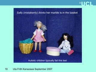 Sally (mistakenly) thinks her marble is in the basket 
Autistic children typically fail this test 
10 Uta Frith Kanazawa September 2007 
 