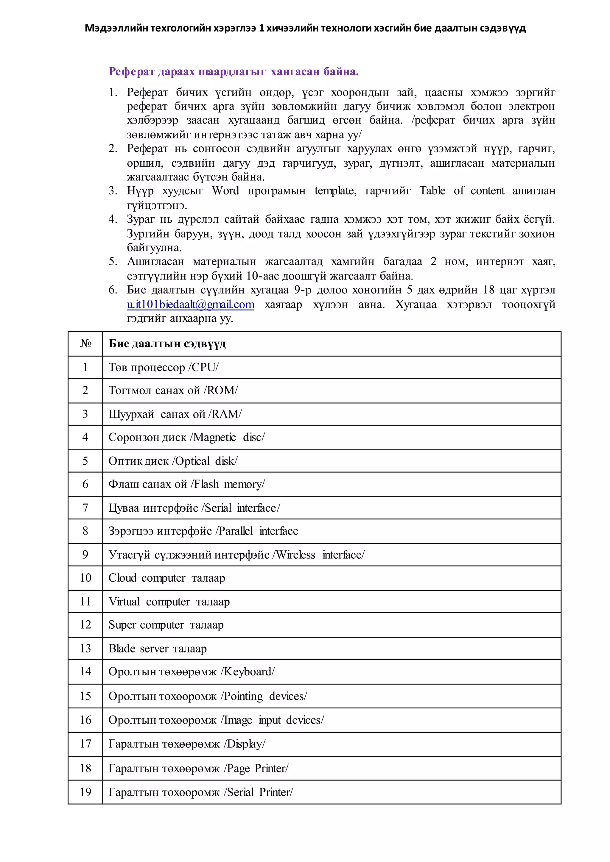 Мэдээллийн техгологийн хэрэглээ 1 хичээлийн технологи хэсгийн бие даалтын сэдэвүүд 
Реферат дараах шаардлагыг хангасан байна. 
1. Реферат бичих үсгийн өндөр, үсэг хоорондын зай, цаасны хэмжээ зэргийг 
реферат бичих арга зүйн зөвлөмжийн дагуу бичиж хэвлэмэл болон электрон 
хэлбэрээр заасан хугацаанд багшид өгсөн байна. /реферат бичих арга зүйн 
зөвлөмжийг интернэтээс татаж авч харна уу/ 
2. Реферат нь сонгосон сэдвийн агуулгыг харуулах өнгө үзэмжтэй нүүр, гарчиг, 
оршил, сэдвийн дагуу дэд гарчигууд, зураг, дүгнэлт, ашигласан материалын 
жагсаалтаас бүтсэн байна. 
3. Нүүр хуудсыг Word програмын template, гарчгийг Table of content ашиглан 
гүйцэтгэнэ. 
4. Зураг нь дүрслэл сайтай байхаас гадна хэмжээ хэт том, хэт жижиг байх ёсгүй. 
Зургийн баруун, зүүн, доод талд хоосон зай үдээхгүйгээр зураг текстийг зохион 
байгуулна. 
5. Ашигласан материалын жагсаалтад хамгийн багадаа 2 ном, интернэт хаяг, 
сэтгүүлийн нэр бүхий 10-аас доошгүй жагсаалт байна. 
6. Бие даалтын сүүлийн хугацаа 9-р долоо хоногийн 5 дах өдрийн 18 цаг хүртэл 
u.it101biedaalt@gmail.com хаягаар хүлээн авна. Хугацаа хэтэрвэл тооцохгүй 
гэдгийг анхаарна уу. 
№ Бие даалтын сэдвүүд 
1 Төв процессор /CPU/ 
2 Тогтмол санах ой /ROM/ 
3 Шуурхай санах ой /RAM/ 
4 Соронзон диск /Magnetic disc/ 
5 Оптик диск /Optical disk/ 
6 Флаш санах ой /Flash memory/ 
7 Цуваа интерфэйс /Serial interface/ 
8 Зэрэгцээ интерфэйс /Parallel interface 
9 Утасгүй сүлжээний интерфэйс /Wireless interface/ 
10 Cloud computer талаар 
11 Virtual computer талаар 
12 Super computer талаар 
13 Blade server талаар 
14 Оролтын төхөөрөмж /Keyboard/ 
15 Оролтын төхөөрөмж /Pointing devices/ 
16 Оролтын төхөөрөмж /Image input devices/ 
17 Гаралтын төхөөрөмж /Display/ 
18 Гаралтын төхөөрөмж /Page Printer/ 
19 Гаралтын төхөөрөмж /Serial Printer/ 
 