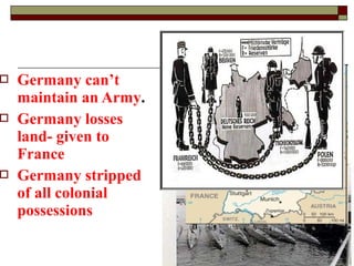  Germany can’t
maintain an Army.
 Germany losses
land- given to
France
 Germany stripped
of all colonial
possessions
 