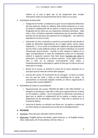 U.P.I.: LA FAMILIA. AULA 2-3 AÑOS
realizar en el aula al igual que se les preguntará para recabar
información sobre el comportamiento de los niños en sus casas.
• Actividades de desarrollo:
o Collage de mi Familia: se elaborará un gran mural empleando diferentes
técnicas plásticas, donde se reflejará cada familia existente en el aula.
Se pedirá la colaboración de los padres y madres ya que solicitaremos
fotografías de los niños con sus respectivos miembros familiares. Cada
niño y niña, al finalizar expondrá verbalmente que ha querido reflejar,
quienes son las personas que aparecen en su fotografía… por último se
expondrá el mural en el aula.
o Colocando mi casa: se pondrá un panel en una pared del aula donde se
refleje las diferentes dependencias de un hogar (salón, cocina, baño,
habitación…). En un cesto se introducirán objetos de cada dependencia
que los niños y niñas deberán colocar, de manera individual, en el panel
mencionado anteriormente. Cuando el niño coloque el objeto en su
lugar correspondiente el resto de compañeros junto con el educador
cantará la siguiente canción: bien bien bravo (nombre del niño) ha
adivinado y se fundarán en un abrazo colectivo. Si por algún casual el
niño o niña no lo colocara correctamente entre todos, y
fundamentalmente el educador/a, pedirá al niño que lo intente otra vez
hasta que lo consiga.
o Rincón de la cocina: se utilizará el rincón de la cocina existente en el
aula para que los niños de manera libre jueguen.
o Lectura del cuento “El nacimiento de las tortugas”: se leerá el cuento
una vez que los niños y niñas se han levantado de la siesta. Se
aprovechará un momento relajado creando un clima y organizando el
aula para ello. (cuento ANEXO I)
• Actividades de síntesis o consolidación:
o Representación del cuento “RICITOS DE ORO Y LOS TRES OSITOS”: se
otorgará un personaje a cada niño o niña, para representarlo en la fiesta
con los padres y madres. Se irá ensayando en diferentes momentos al
igual que se pedirá la colaboración de los padres y madres para la
elaboración de los decorados y vestuario. Todo ello se realizará en la
Escuela de Padres.
o Fiesta de la familia: se realizará una fiesta con los padres y madres de
los niños donde se representará el cuento de la actividad anterior.
6. RECURSOS
• Humanos: niños del aula, educador infantil y familias
• Materiales: fungible (pintura de dedos, papel continuo…), no fungible (mesas,
sillas, radiocasete, CD, frutas plástico, laminas, fotos…)
6
DANIEL HERVALEJO CARRETRO
 