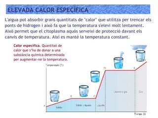 ELEVADA CALOR ESPECÍFICA
L'aigua pot absorbir grans quantitats de "calor" que utilitza per trencar els
ponts de hidrogen i això fa que la temperatura s'elevi molt lentament.
Això permet que el citoplasma aquós serveixi de protecció davant els
canvis de temperatura. Així es manté la temperatura constant.
Calor especifica. Quantitat de
calor que s’ha de donar a una
substància química determinada
per augmentar-ne la temperatura.
 
