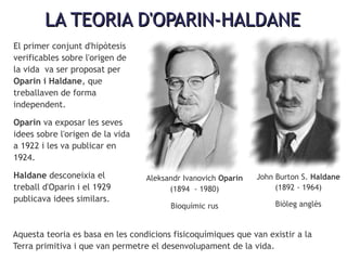 LA TEORIA D'OPARIN-HALDANELA TEORIA D'OPARIN-HALDANE
Aleksandr Ivanovich Oparin
(1894 - 1980)
Bioquímic rus
John Burton S. Haldane
(1892 - 1964)
Biòleg anglès
El primer conjunt d'hipòtesis
verificables sobre l'origen de
la vida va ser proposat per
Oparin i Haldane, que
treballaven de forma
independent.
Oparin va exposar les seves
idees sobre l'origen de la vida
a 1922 i les va publicar en
1924.
Haldane desconeixia el
treball d'Oparin i el 1929
publicava idees similars.
Aquesta teoria es basa en les condicions fisicoquímiques que van existir a la
Terra primitiva i que van permetre el desenvolupament de la vida.
 