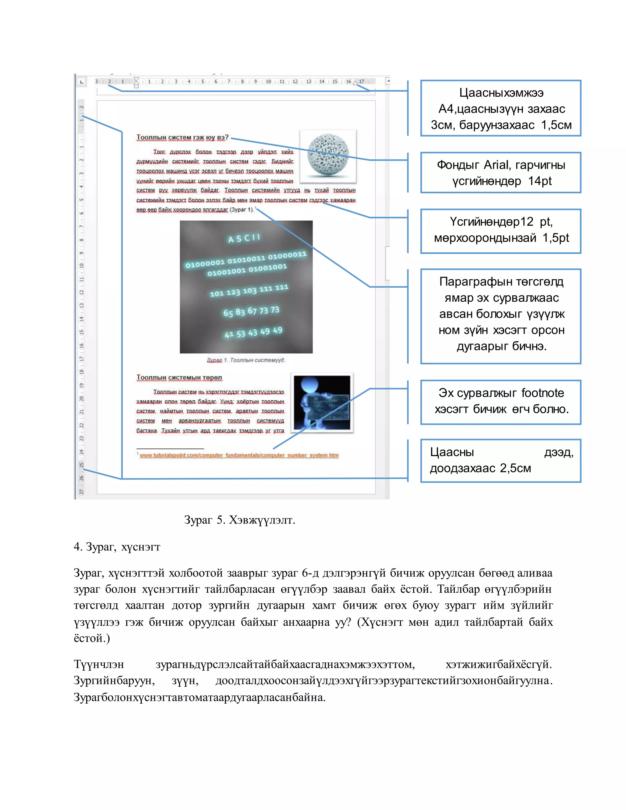 Зураг 5. Хэвжүүлэлт.
4. Зураг, хүснэгт
Зураг, хүснэгттэй холбоотой зааврыг зураг 6-д дэлгэрэнгүй бичиж оруулсан бөгөөд аливаа
зураг болон хүснэгтийг тайлбарласан өгүүлбэр заавал байх ёстой. Тайлбар өгүүлбэрийн
төгсгөлд хаалтан дотор зургийн дугаарын хамт бичиж өгөх буюу зурагт ийм зүйлийг
үзүүллээ гэж бичиж оруулсан байхыг анхаарна уу? (Хүснэгт мөн адил тайлбартай байх
ёстой.)
Түүнчлэн зурагньдүрслэлсайтайбайхаасгаднахэмжээхэттом, хэтжижигбайхёсгүй.
Зургийнбаруун, зүүн, доодталдхоосонзайүлдээхгүйгээрзурагтекстийгзохионбайгуулна.
Зурагболонхүснэгтавтоматаардугаарласанбайна.
Фондыг Arial, гарчигны
үсгийнөндөр 14pt
Үсгийнөндөр12 pt,
мөрхоорондынзай 1,5pt
Параграфын төгсгөлд
ямар эх сурвалжаас
авсан болохыг үзүүлж
ном зүйн хэсэгт орсон
дугаарыг бичнэ.
Эх сурвалжыг footnote
хэсэгт бичиж өгч болно.
Цаасныхэмжээ
A4,цааснызүүн захаас
3см, баруунзахаас 1,5см
Цаасны дээд,
доодзахаас 2,5см
 