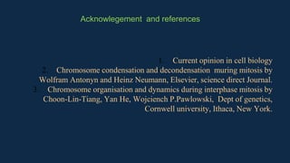 1. Current opinion in cell biology
2. Chromosome condensation and decondensation muring mitosis by
Wolfram Antonyn and Heinz Neumann, Elsevier, science direct Journal.
3. Chromosome organisation and dynamics during interphase mitosis by
Choon-Lin-Tiang, Yan He, Wojciench P.Pawlowski, Dept of genetics,
Cornwell university, Ithaca, New York.
Acknowlegement and references
 
