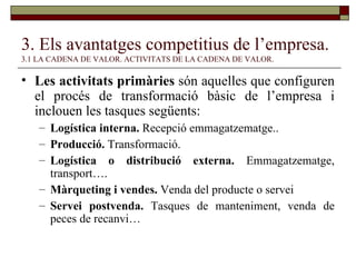 3. Els avantatges competitius de l’empresa.   3.1 LA CADENA DE VALOR. ACTIVITATS DE LA CADENA DE VALOR. Les activitats primàries  són aquelles que configuren el procés de transformació bàsic de l’empresa i inclouen les tasques següents: Logística interna.  Recepció emmagatzematge.. Producció.  Transformació. Logística o distribució externa.  Emmagatzematge, transport…. Màrqueting i vendes.  Venda del producte o servei Servei postvenda.  Tasques de manteniment, venda de peces de recanvi… 