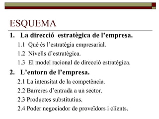 ESQUEMA La direcció  estratègica de l’empresa. 1.1  Què és l’estratègia empresarial. 1.2  Nivells d’estratègica. 1.3  El model racional de direcció estratègica. L’entorn de l’empresa. 2.1 La intensitat de la competència. 2.2 Barreres d’entrada a un sector. 2.3 Productes substitutius. 2.4 Poder negociador de proveïdors i clients. 