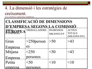 4. La dimensió i les estratègies de creixement.   4.1LA PETITA I MITJANA EMPRESA <10 <10 <50 persones Petita empresa <43 <50 <250 persones Mitjana  Empresa >43 >50 >250persones Gran Empresa ACTIUS TOTALS (MILIONS D’€) INGRESSOS MILIONS D’€ TREBALLADORS TIPUS D’EMPRESA CLASSIFICACIÓ DE DIMENSIONS D’EMPRESA SEGONS LA COMISSIÓ EUROPEA 