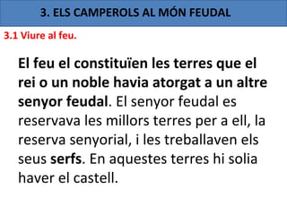 3. ELS CAMPEROLS AL MÓN FEUDAL
3.1 Viure al feu.

   El feu el constituïen les terres que el
   rei o un noble havia atorgat a un altre
   senyor feudal. El senyor feudal es
   reservava les millors terres per a ell, la
   reserva senyorial, i les treballaven els
   seus serfs. En aquestes terres hi solia
   haver el castell.
 