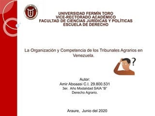 UNIVERSIDAD FERMÍN TORO
VICE-RECTORADO ACADÉMICO
FACULTAD DE CIENCIAS JURÍDICAS Y POLÍTICAS
ESCUELA DE DERECHO
Araure, Junio del 2020
La Organización y Competencia de los Tribunales Agrarios en
Venezuela.
Autor:
Amir Aboaasi C.I. 29.800.531
3er. Año Modalidad SAIA “B”
Derecho Agrario.
 
