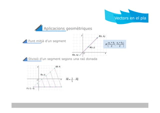 Punt mitjà d’un segment
Aplicacions geomètriques
Vectors en el pla
Divisió d’un segment segons una raó donada
 