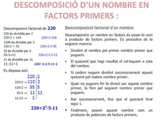 DESCOMPOSICIÓ D’UN NOMBRE EN
FACTORS PRIMERS :
 