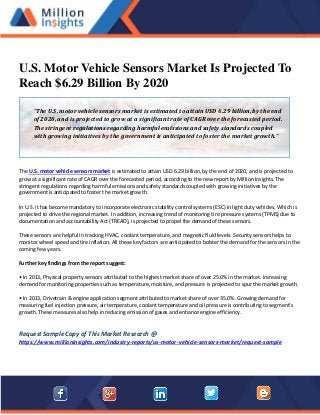 U.S. Motor Vehicle Sensors Market Is Projected To
Reach $6.29 Billion By 2020
The U.S. motor vehicle sensors market is estimated to attain USD 6.29 billion, by the end of 2020, and is projected to
grow at a significant rate of CAGR over the forecasted period, according to the new report by Million Insights. The
stringent regulations regarding harmful emissions and safety standards coupled with growing initiatives by the
government is anticipated to foster the market growth.
In U.S. it has become mandatory to incorporate electronic stability control systems (ESC) in light duty vehicles. Which is
projected to drive the regional market. In addition, increasing trend of monitoring tire pressure systems (TPMS) due to
documentation and accountability Act (TREAD), is projected to propel the demand of these sensors.
These sensors are helpful in tracking HVAC, coolant temperature, and magnetic fluid levels. Security sensors helps to
monitor wheel speed and tire inflation. All these key factors are anticipated to bolster the demand for the sensors in the
coming few years.
Further key findings from the report suggest:
• In 2013, Physical property sensors attributed to the highest market share of over 25.0% in the market. Increasing
demand for monitoring properties such as temperature, moisture, and pressure is projected to spur the market growth.
• In 2013, Drivetrain & engine application segment attributed to market share of over 35.0%. Growing demand for
measuring fuel injection pressure, air temperature, coolant temperature and oil pressure is contributing to segment’s
growth. These measures also help in reducing emission of gases and enhance engine efficiency.
Request Sample Copy of This Market Research @
https://www.millioninsights.com/industry-reports/us-motor-vehicle-sensors-market/request-sample
“The U.S. motor vehicle sensors market is estimated to attain USD 6.29 billion, by the end
of 2020, and is projected to grow at a significant rate of CAGR over the forecasted period.
The stringent regulations regarding harmful emissions and safety standards coupled
with growing initiatives by the government is anticipated to foster the market growth."
 