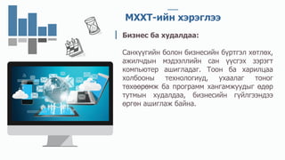 56%
JOHN MARTIN
CREATIVE SOCIAL PROJECT
МХХТ-ийн хэрэглээ
Бизнес ба худалдаа:
Санхүүгийн болон бизнесийн бүртгэл хөтлөх,
ажилчдын мэдээллийн сан үүсгэх зэрэгт
компьютер ашигладаг. Тоон ба харилцаа
холбооны технологиуд, ухаалаг тоног
төхөөрөмж ба программ хангамжуудыг өдөр
тутмын худалдаа, бизнесийн гүйлгээндээ
өргөн ашиглаж байна.
 