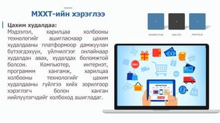 BUSINESS PLAN ANALYSIS PORTFOLIO
58%
185,258 View
90%
850,258 View
МХХТ-ийн хэрэглээ
Цахим худалдаа:
Мэдээлэл, харилцаа холбооны
технологийг ашигласнаар цахим
худалдааны платформоор дамжуулан
бүтээгдэхүүн, үйлчилгээг онлайнаар
худалдан авах, худалдах боломжтой
болсон. Компьютер, интернэт,
программм хангамж, харилцаа
холбооны технологийг цахим
худалдааны гүйлгээ хийх зорилгоор
хэрэглэгч болон ханган
нийлүүлэгчдийг холбоход ашигладаг.
 