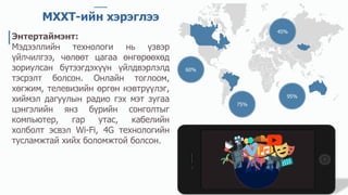 95%
60%
75%
45%
МХХТ-ийн хэрэглээ
Энтертаймэнт:
Мэдээллийн технологи нь үзвэр
үйлчилгээ, чөлөөт цагаа өнгөрөөхөд
зориулсан бүтээгдэхүүн үйлдвэрлэлд
тэсрэлт болсон. Онлайн тоглоом,
хөгжим, телевизийн өргөн нэвтрүүлэг,
хиймэл дагуулын радио гэх мэт зугаа
цэнгэлийн янз бүрийн сонголтыг
компьютер, гар утас, кабелийн
холболт эсвэл Wi-Fi, 4G технологийн
тусламжтай хийх боломжтой болсон.
 