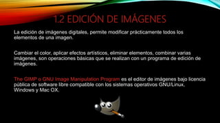 1.2 EDICIÓN DE IMÁGENES
La edición de imágenes digitales, permite modificar prácticamente todos los
elementos de una imagen.
Cambiar el color, aplicar efectos artísticos, eliminar elementos, combinar varias
imágenes, son operaciones básicas que se realizan con un programa de edición de
imágenes.
The GIMP o GNU Image Manipulation Program es el editor de imágenes bajo licencia
pública de software libre compatible con los sistemas operativos GNU/Linux,
Windows y Mac OX.
 