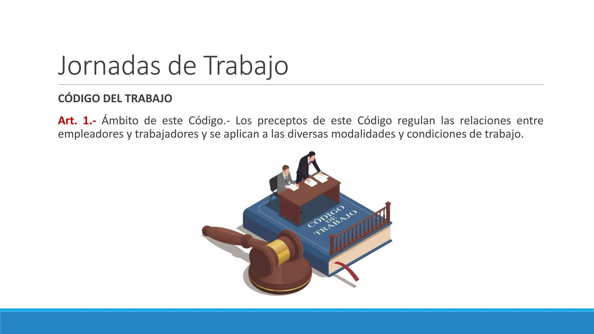 Jornadas de Trabajo
CÓDIGO DEL TRABAJO
Art. 1.- Ámbito de este Código.- Los preceptos de este Código regulan las relaciones entre
empleadores y trabajadores y se aplican a las diversas modalidades y condiciones de trabajo.
 