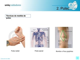23 de enero de 2023
12
Pulso radial Pulso apical
Técnicas de medida de
pulso
2. Pulso
Rombo o fosa poplitea
 