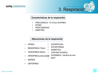23 de enero de 2023
14
• FRECUENCIA: 12-18 rpm EUPNEA
• RITMO
• PROFUNDIDAD
• SIMETRÍA
Características de la respiración
3. Respiración
• APNEA
• BRADIPNEA<10rpm
• TAQUIPNEA>20rpm
• HIPERPNEA profundidad
• DISNEA
• ORTOPNEA
• SUPERFICIAL
• ESTERTÓREA
• ASMÁTICA
• CHEYNE-STOKES:
• KUSSMAUL: hambre de aire
• BIOT
Alteraciones de la respiración
 