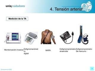 23 de enero de 2023
19
Monitorización invasiva MAPA
Esfigmomanómet
ro
digital
Esfigmomanómetro
anaeroide
Esfigmomanómetro
De mercurio
Medición de la TA
4. Tensión arterial
 