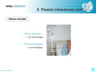 23 de enero de 2023
21
• PVC en vena Cava:
– 6 y 12cm de agua
• PVC en aurícula dcha:
– 0 y 4 cm de agua
Valores normales
5. Presión intravenosa central
 