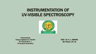 INSTRUMENTATION OF
UV-VISIBLE SPECTROSCOPY
Presented By
Aniqua Tajassum S. Sheikh
M. Pharm Sem - I
(P’ceutical Chemistry)
HOD : Dr. A. J. ASNANI
(M. Pharm, Ph. D)
 