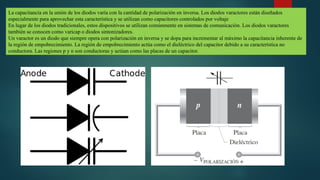 La capacitancia en la unión de los diodos varía con la cantidad de polarización en inversa. Los diodos varactores están diseñados
especialmente para aprovechar esta característica y se utilizan como capacitores controlados por voltaje
En lugar de los diodos tradicionales, estos dispositivos se utilizan comúnmente en sistemas de comunicación. Los diodos varactores
también se conocen como varicap o diodos sintonizadores.
Un varactor es un diodo que siempre opera con polarización en inversa y se dopa para incrementar al máximo la capacitancia inherente de
la región de empobrecimiento. La región de empobrecimiento actúa como el dieléctrico del capacitor debido a su característica no
conductora. Las regiones p y n son conductoras y actúan como las placas de un capacitor.
 